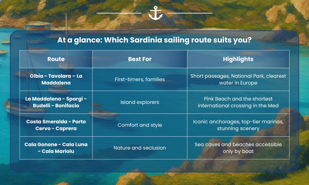 At a glance: which Sardinia sailing route suits you – comparison table with 4 routes, best for and highlights