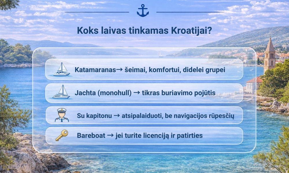 Kokį laivą rinktis buriavimui Kroatijoje: katamaranas tinka šeimai ir didelėms grupėms, monohull jachta – tiems, kas nori tikro buriavimo pojūčio; laivas su kapitonu – kas nori atsipalaiduoti; bareboat nuoma – turintiems llicenciją ir patirties