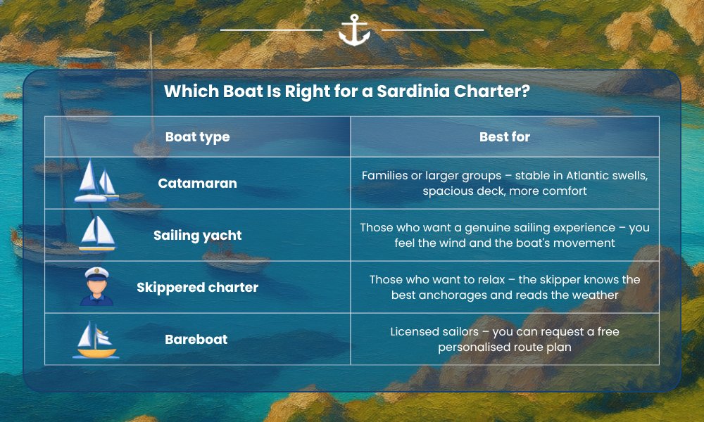 Yacht types for Sardinia charter – sailing yacht, catamaran and motor yacht on granite coastline