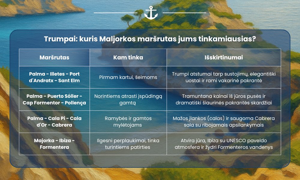 Buriavimo maršrutų kortelė su Maljorkos pakrantės ir Balearų salų reisų pasiūlymais, pavaizduota jūros fone.