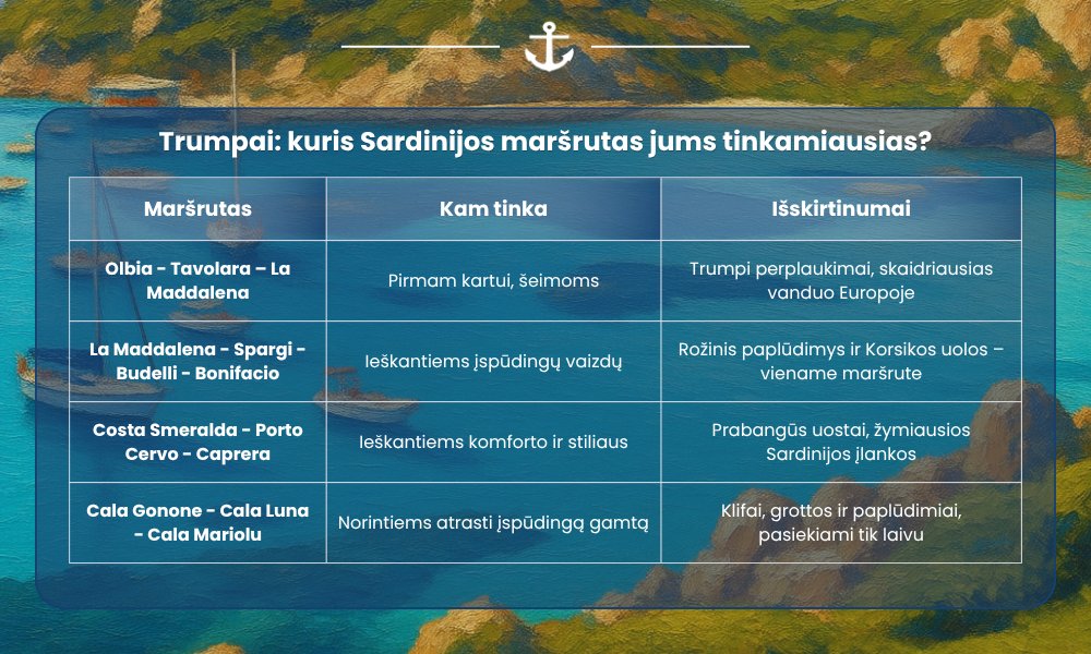 Trumpai: kuris Sardinijos maršrutas tinkamiausias – lentelė su 4 maršrutais, kam tinka ir kuo išsiskiria
