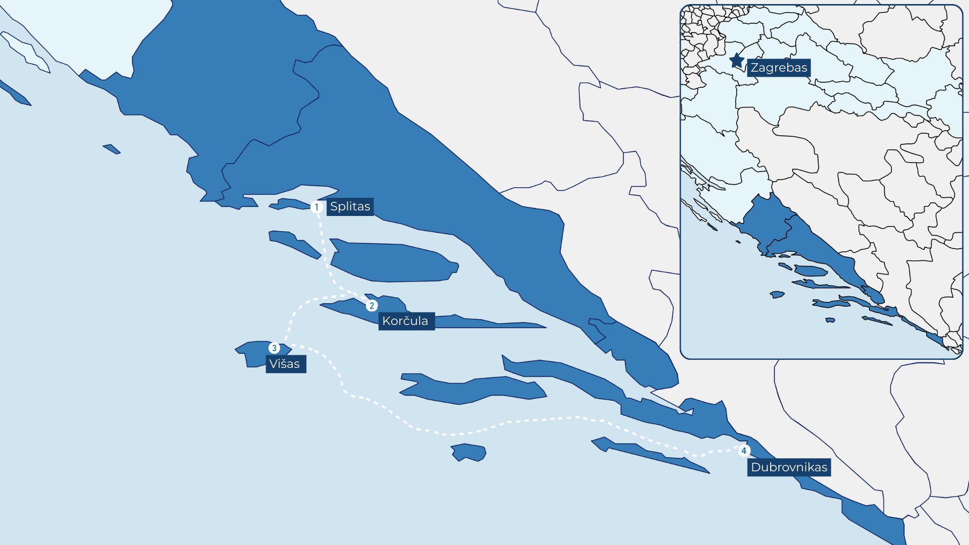 Buriavimo maršrutas Kroatijoje: Splitas – Višas – Korčula – Dubrovnikas. Žemėlapis rodo pietinę Dalmatijos kryptį su sustojimais Višo ir Korčulos salose iki Dubrovniko.