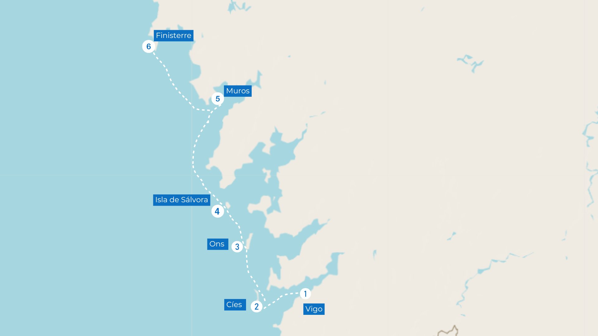 buriavimo maršrutas Galicijoje: piligrimų jūros kelias Vigo – Finisterre – Santiago de Compostela, žemėlapis