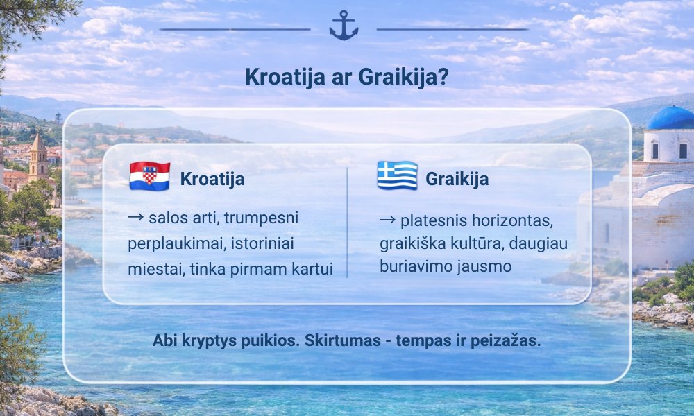 Kroatija ar Graikija buriavimui: Kroatija tinka tiems, kurie nori trumpų perplaukimų tarp salų, istorinių miestų kaip Dubrovnikas ir Hvaras, patikimos infrastruktūros. Graikija – tiems, kurie nori platesnio horizonto ir ramesnės Jonijos jūros