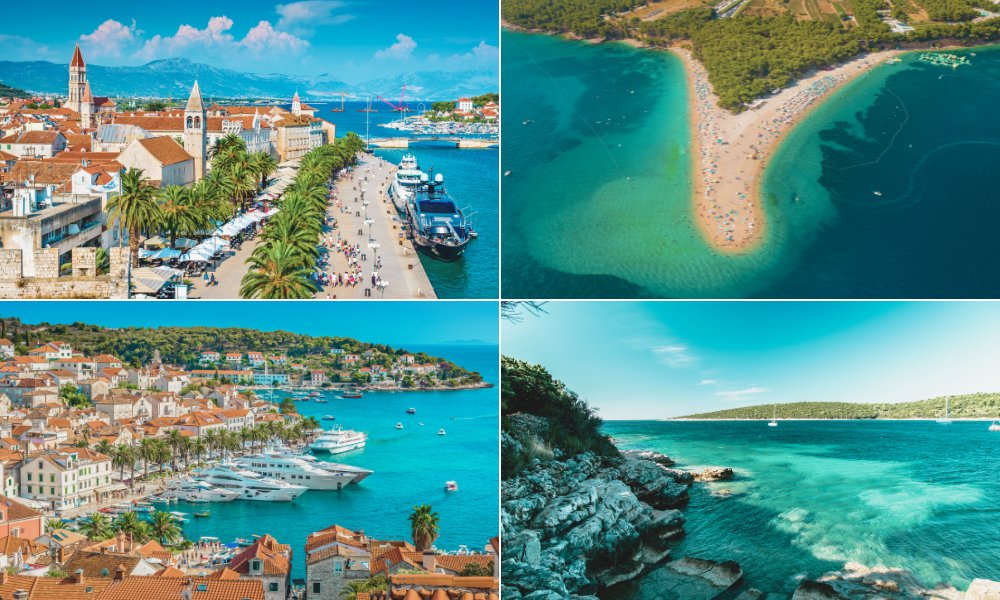 1.Hvaras, Kroatija — jachta turkio spalvos įlankoje, Dalmatijos pakrantė 2.Splitas, Kroatija — laivai istoriniame uoste prie senamiestio 3.Brač sala, Kroatija — Zlatni Rat paplūdimys ir skaidrus Adrijos vanduo 4.Dalmatijos pakrantė Kroatijoje