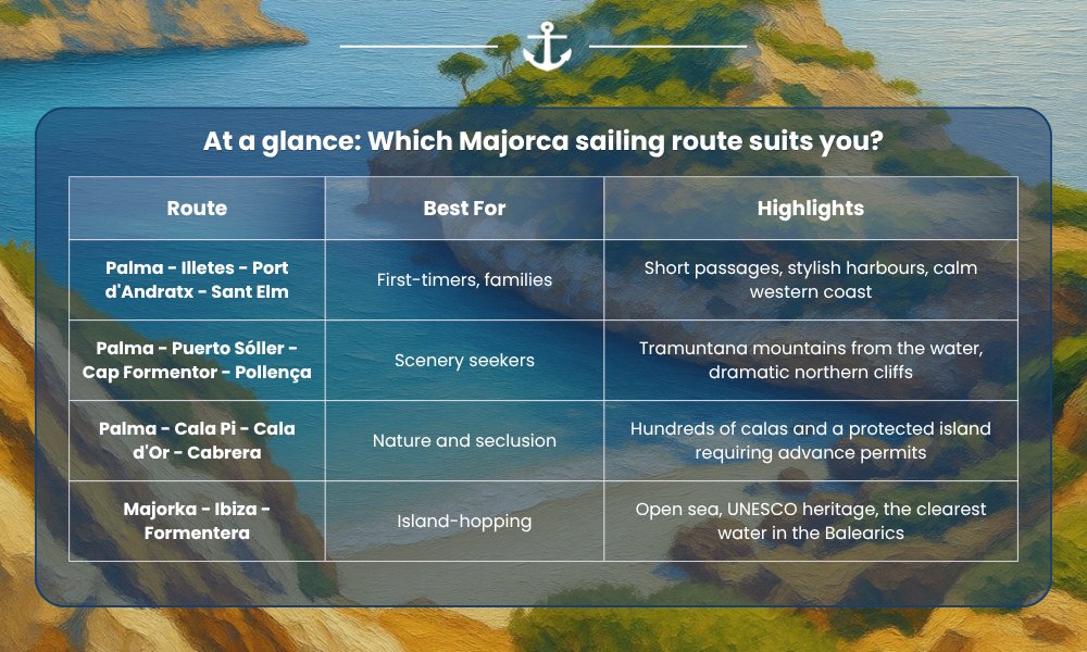 Four sailing itineraries in Mallorca and the Balearic Islands for families, nature lovers, and island-hopping trips.