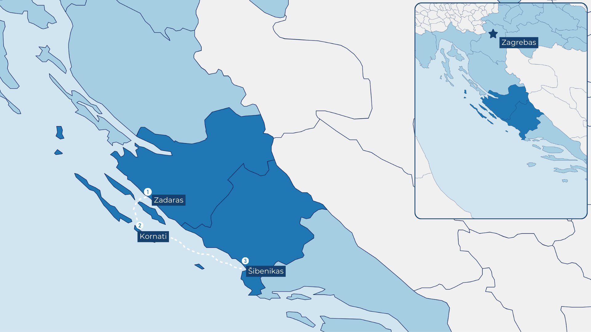 Buriavimo maršrutas Kroatijoje: Zadaras – Kornati nacionalinis parkas – Šibenikas. Žemėlapis rodo šiaurinę Dalmatijos kryptį su salų grupe ir nacionalinio parko ribomis.