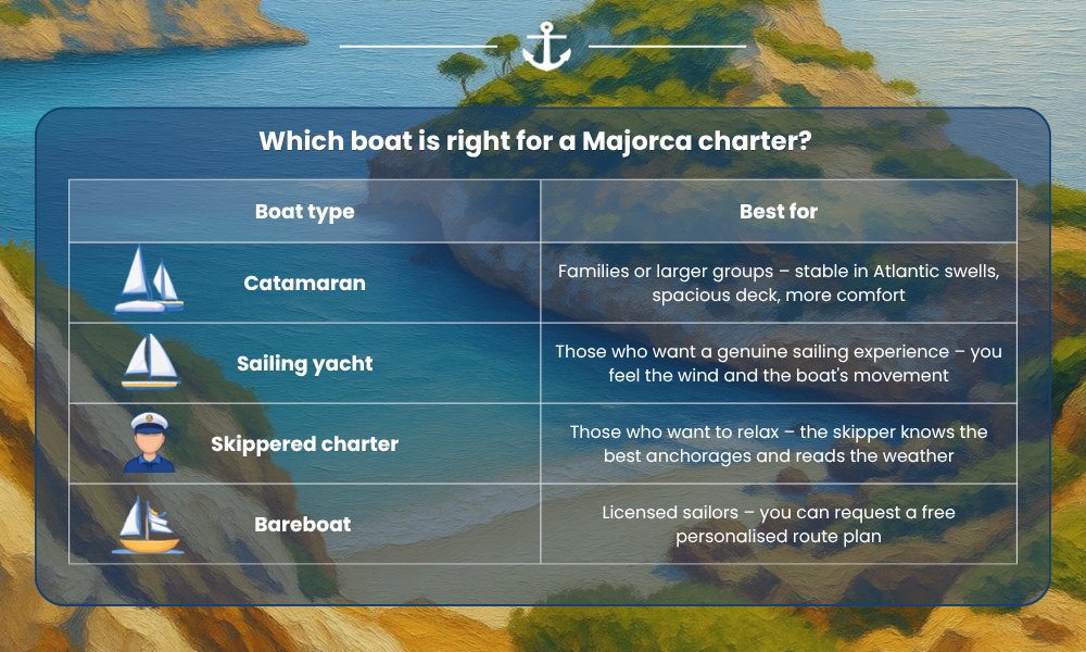 Yacht types for Mallorca charter – sailing yacht, catamaran and motor yacht on the Balearic coastline