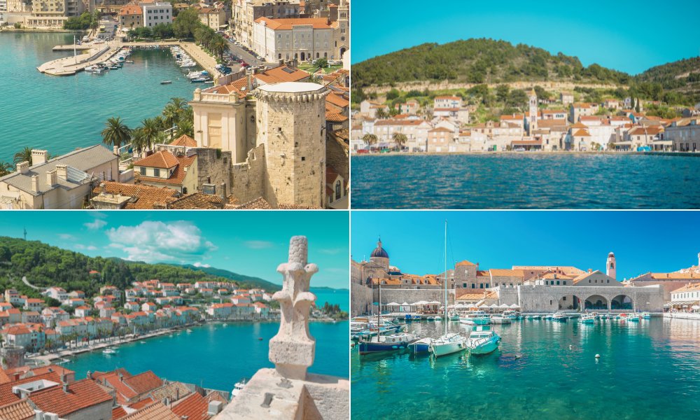 1.Višas sala, Kroatija — buriavimas prie Mėlynosios grotos, skaidrus vanduo 2.Korčula, Kroatija — viduramžių miestas prie jūros, Dalmatijos pakrantė 3.Dubrovnikas, Kroatija — istoriniai gynybiniai mūrai iš viršaus, Adrijos jūra 4.Atvira Adrijos jūra