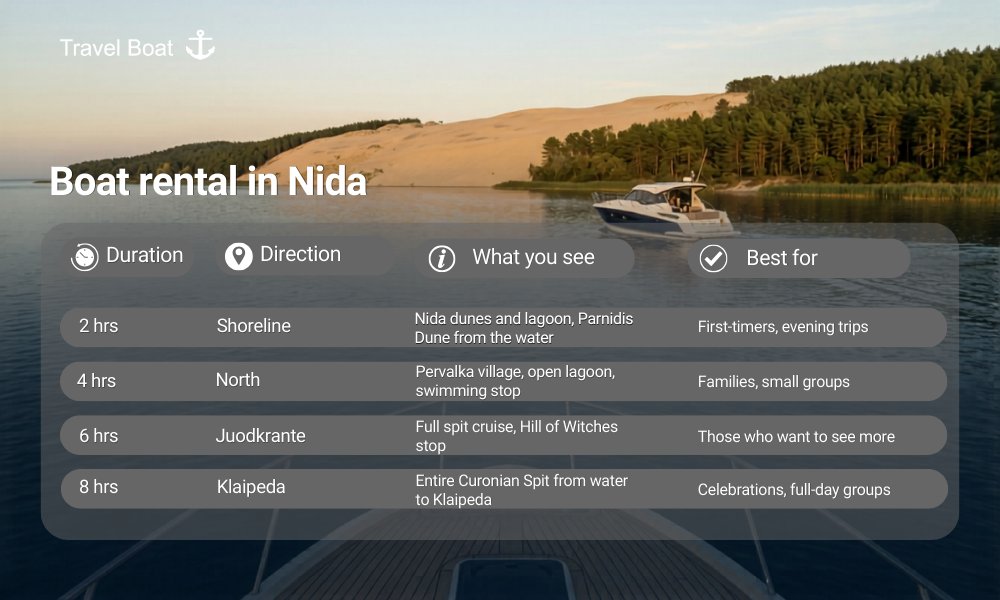 Most popular boat routes from Nida in the Curonian Lagoon, including 2, 4, 6 and 8 hour boat trips