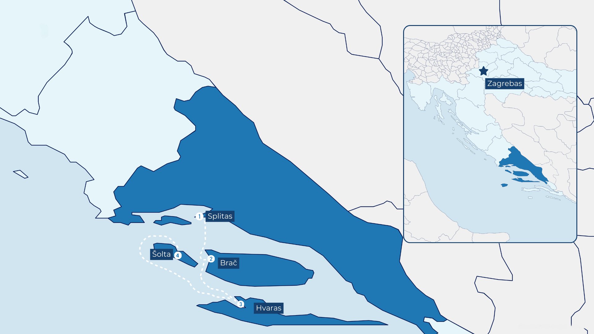 Buriavimo maršrutas Kroatijoje: Splitas – Brač – Hvaras – Šolta. Žemėlapis rodo salų išsidėstymą ir plaukimo kryptį Vidurio Dalmacijoje, Adrijos jūroje.